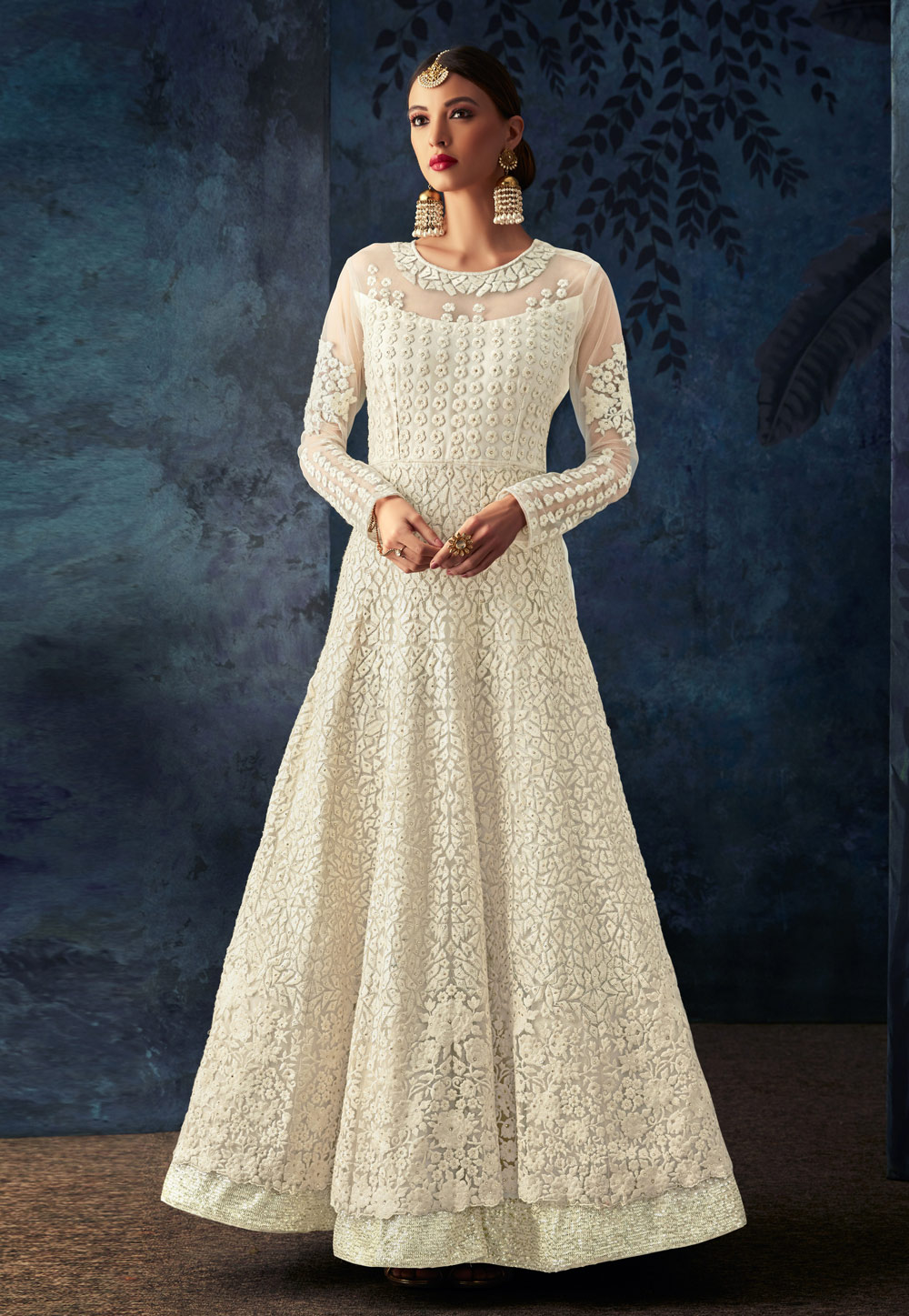 White Net Embroidered Long Anarkali Suit 160581