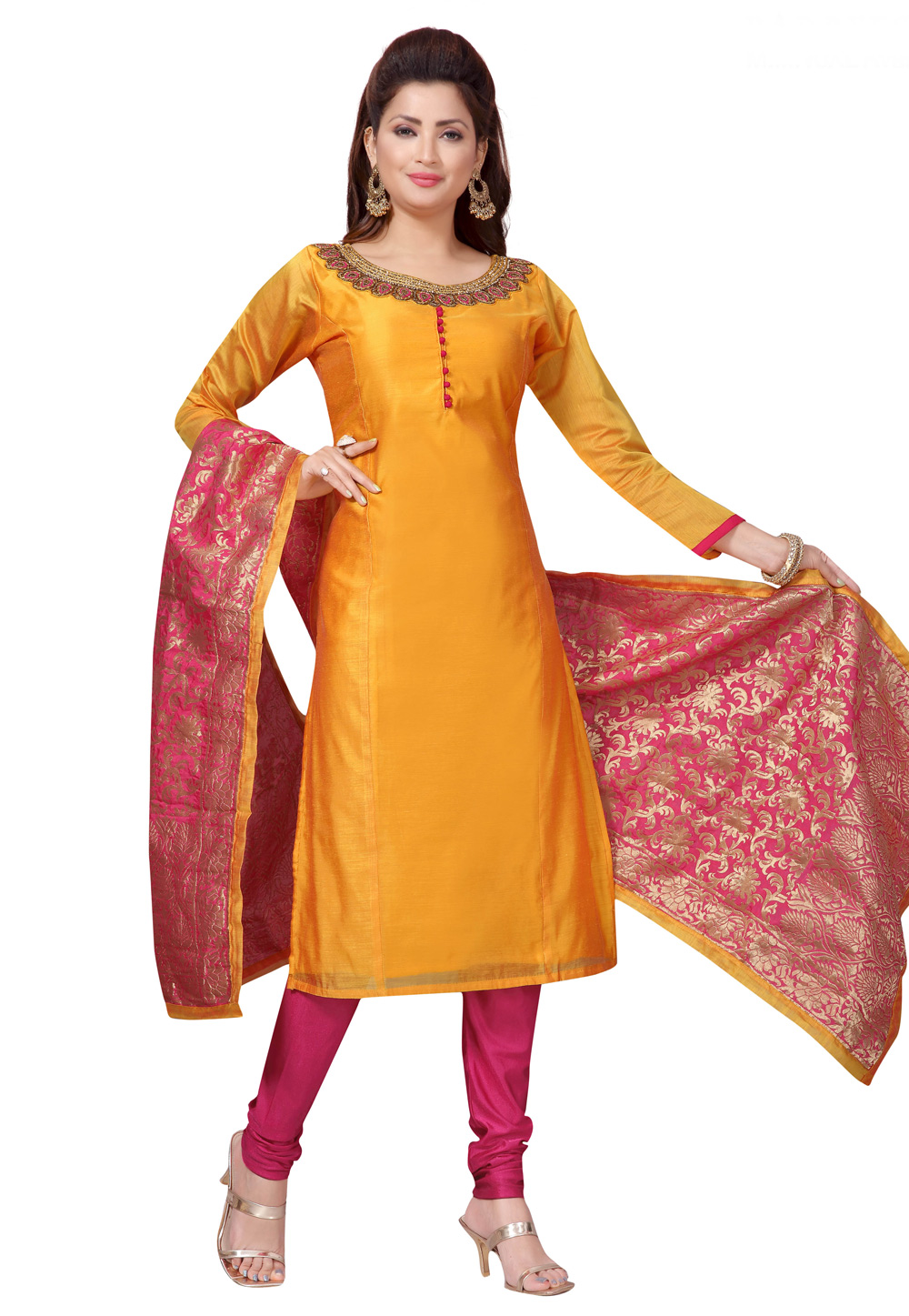 Orange Chanderi Readymade Churidar Suit 180204