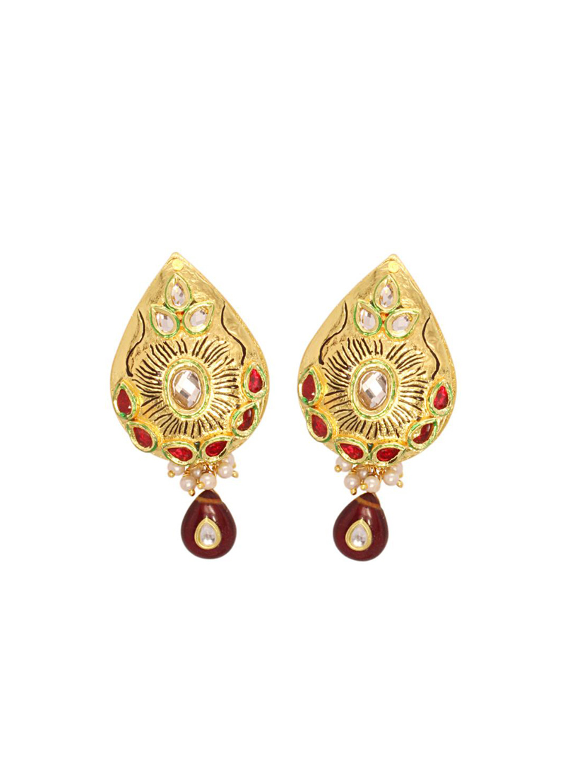 Golden and Red Kundan Studded Leaf Style Earring 26773