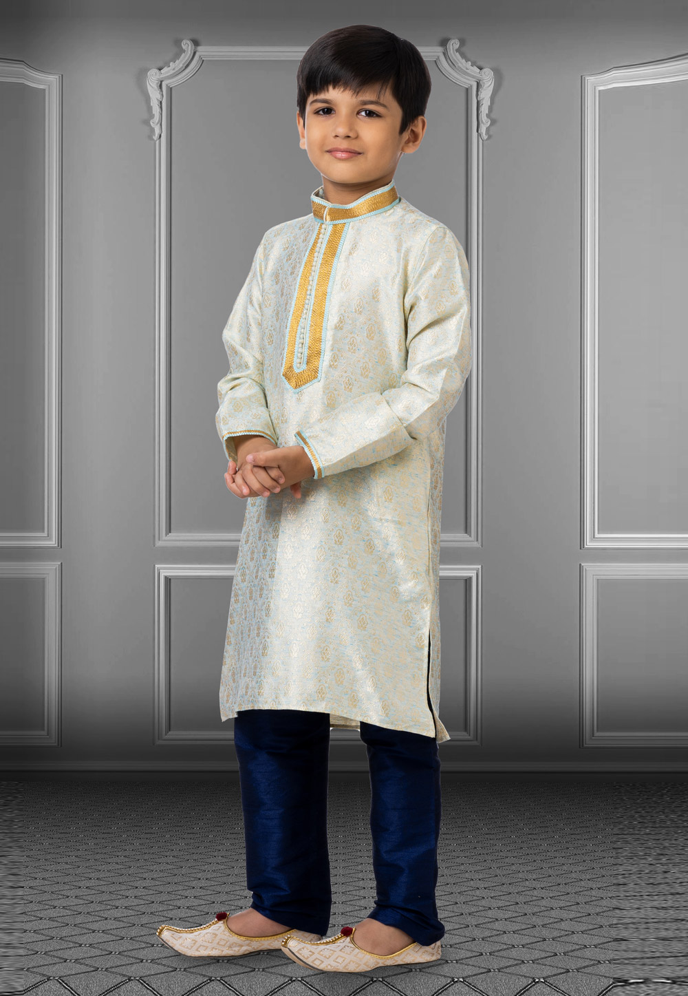 Sky Blue Linen Readymade Kids Kurta Pajama 250851