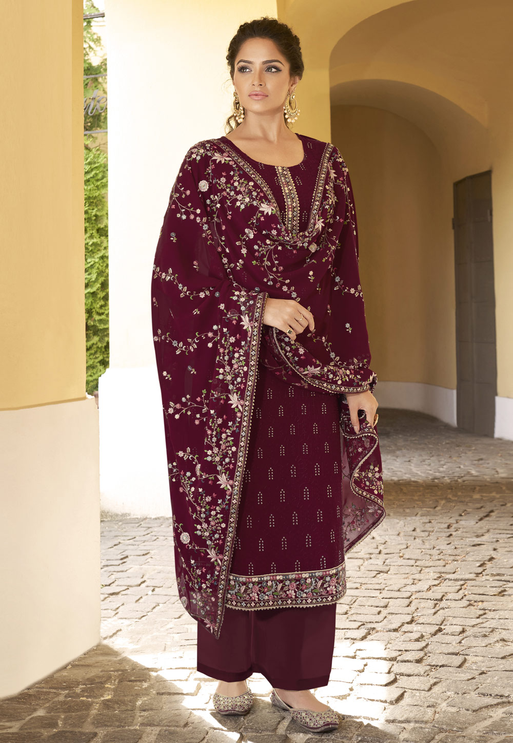 Wine Georgette Palazzo Suit 235392