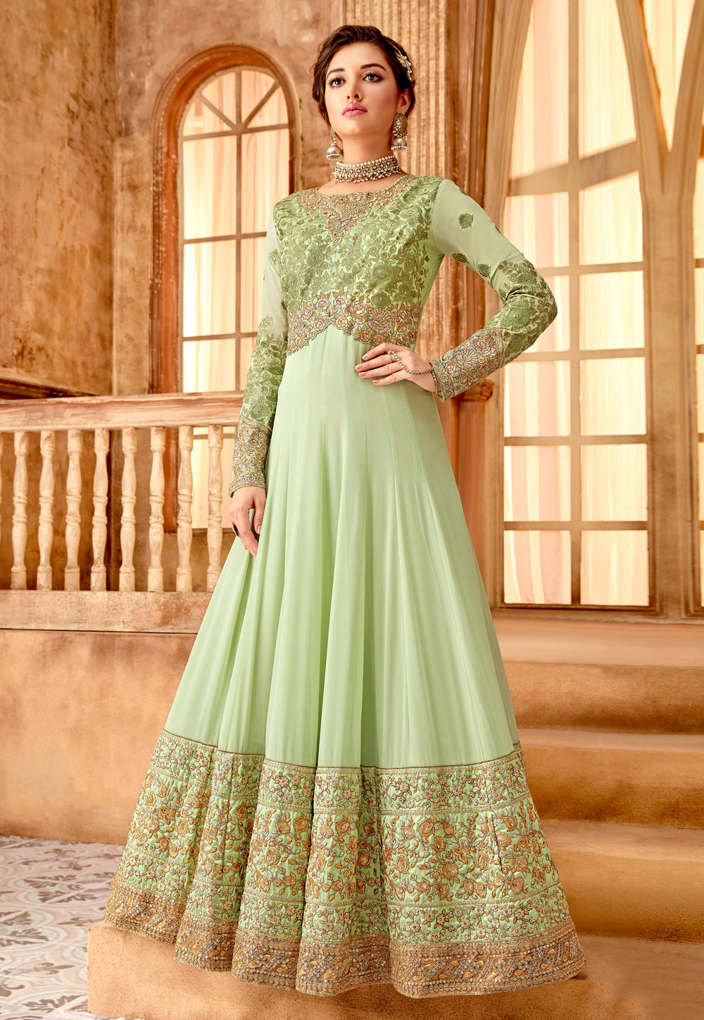 Light Green Georgette Embroidered Abaya Style Anarkali Suit 172586