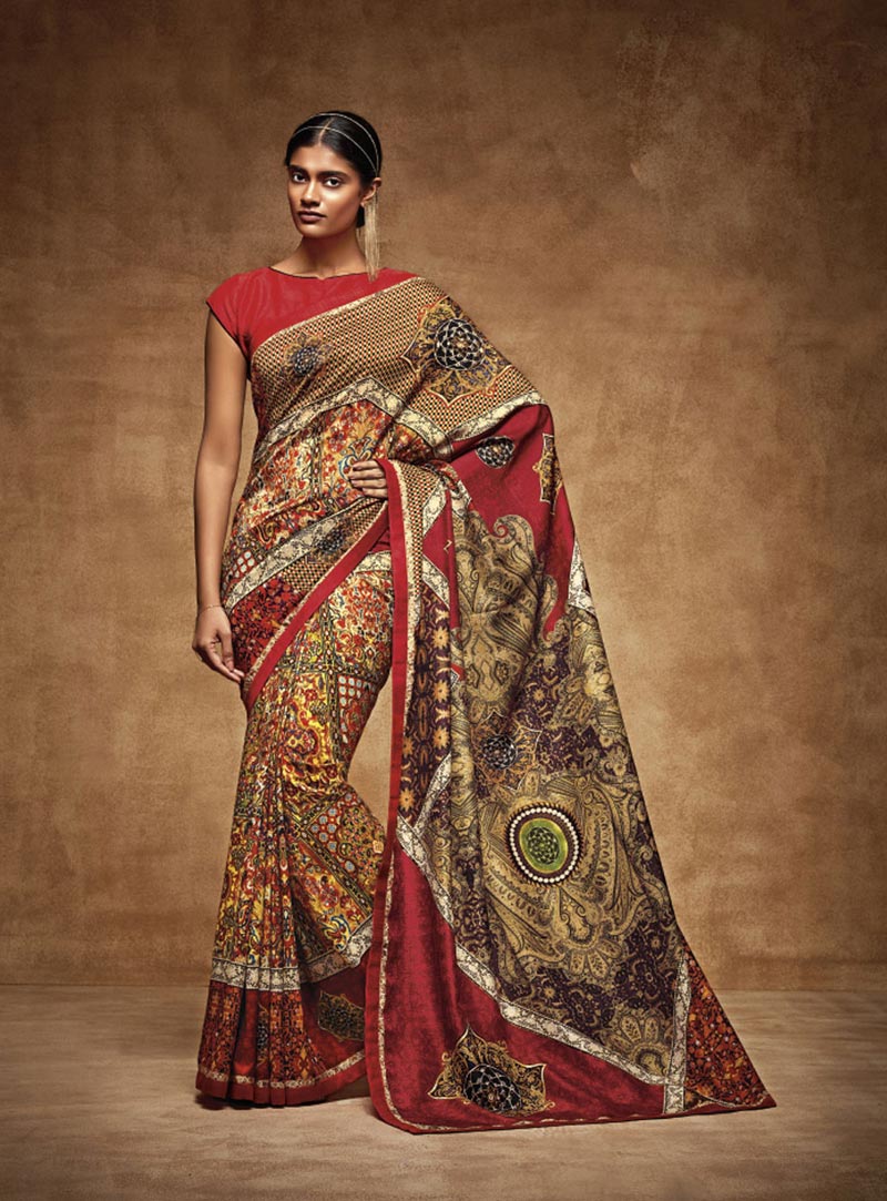 Red Tussar Art Silk Printed Saree With Blouse 78605