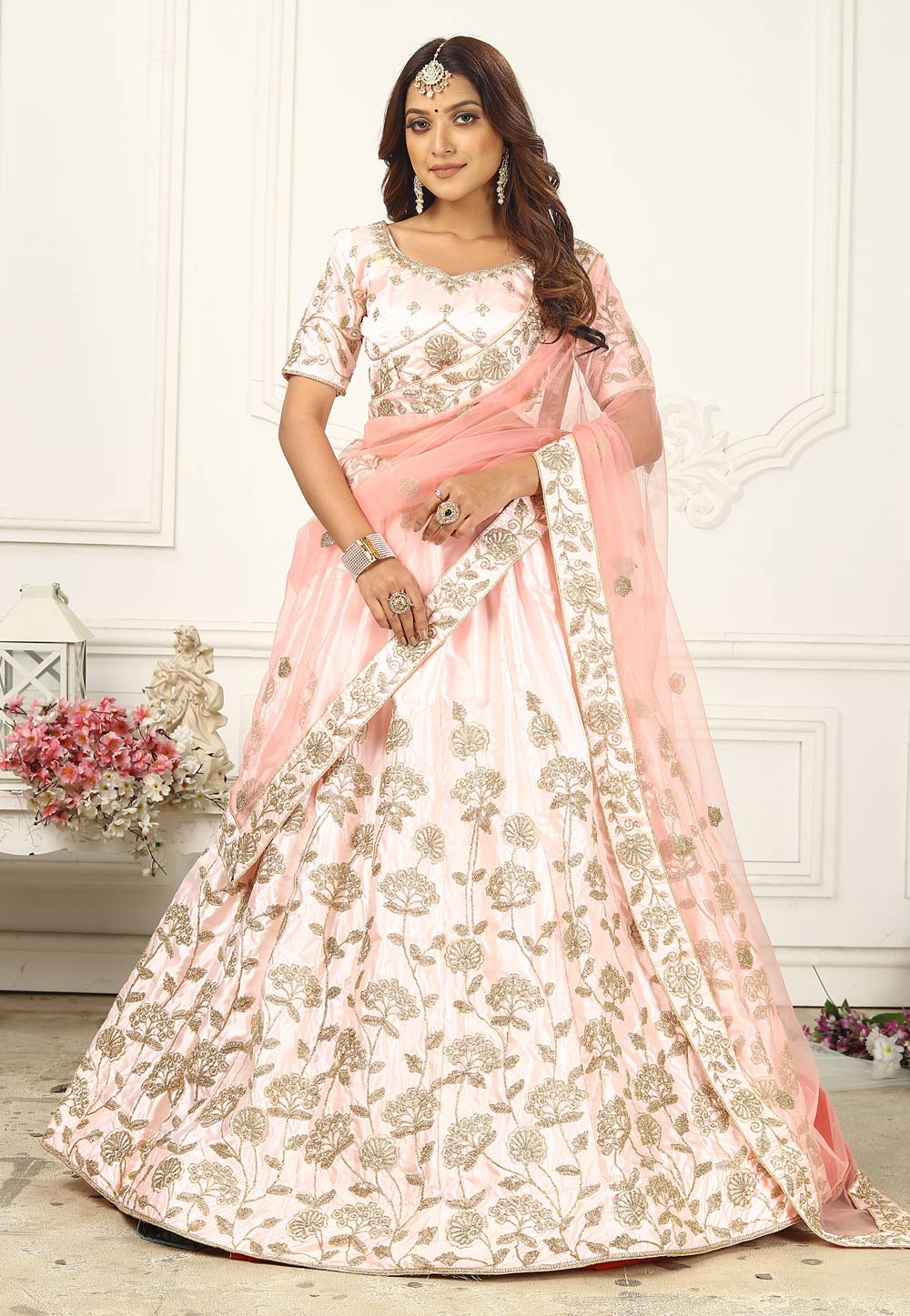 Light Pink Satin Silk Embroidered Lehenga Choli 227362