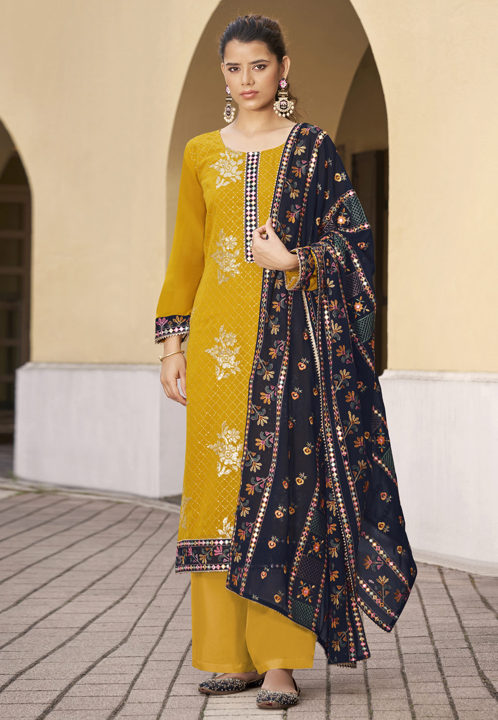 Yellow Georgette Palazzo Suit 235396