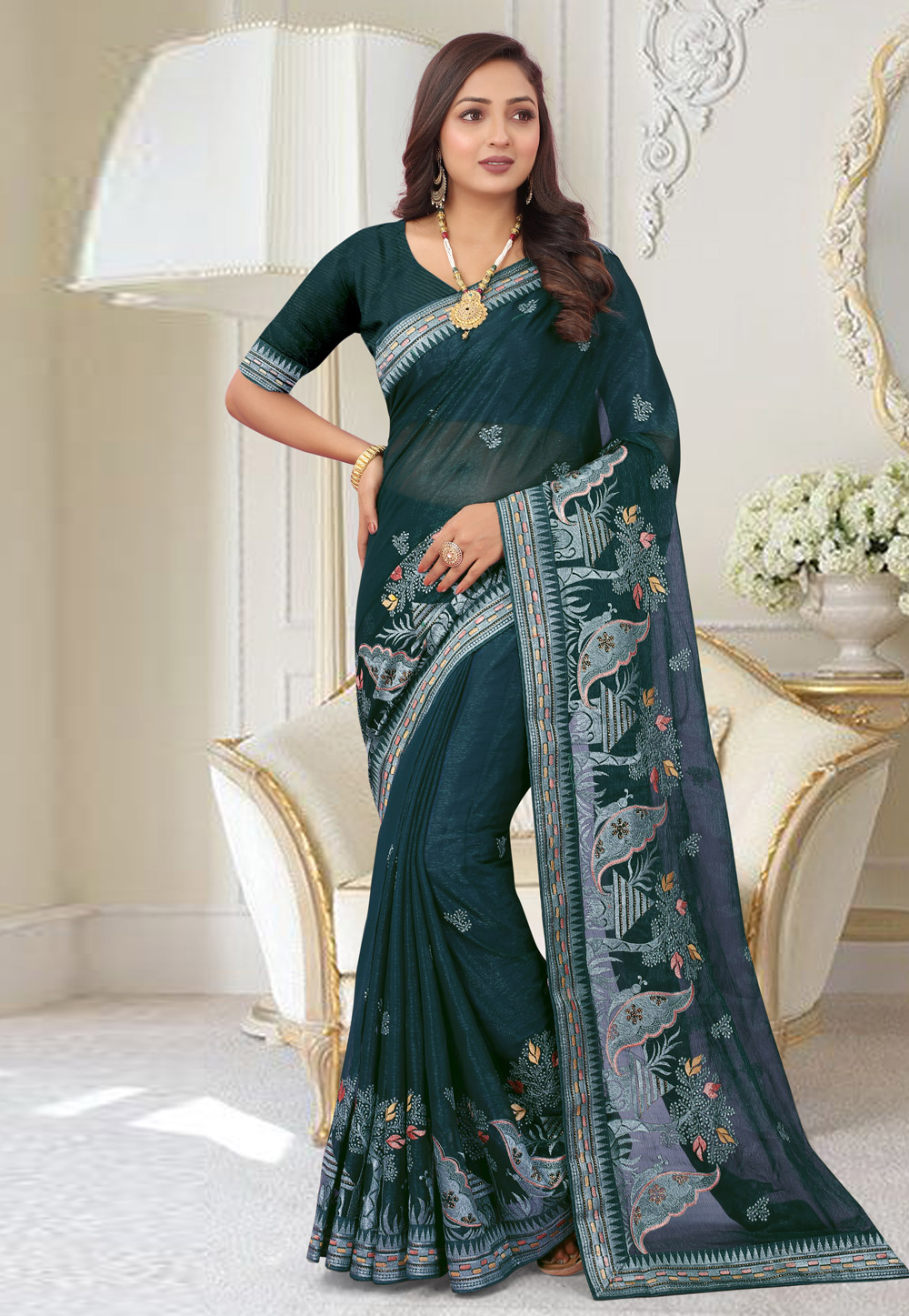 Teal Shimmer Saree With Blouse 267666