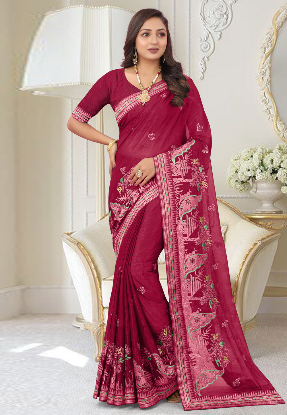 Magenta Shimmer Saree With Blouse 267667