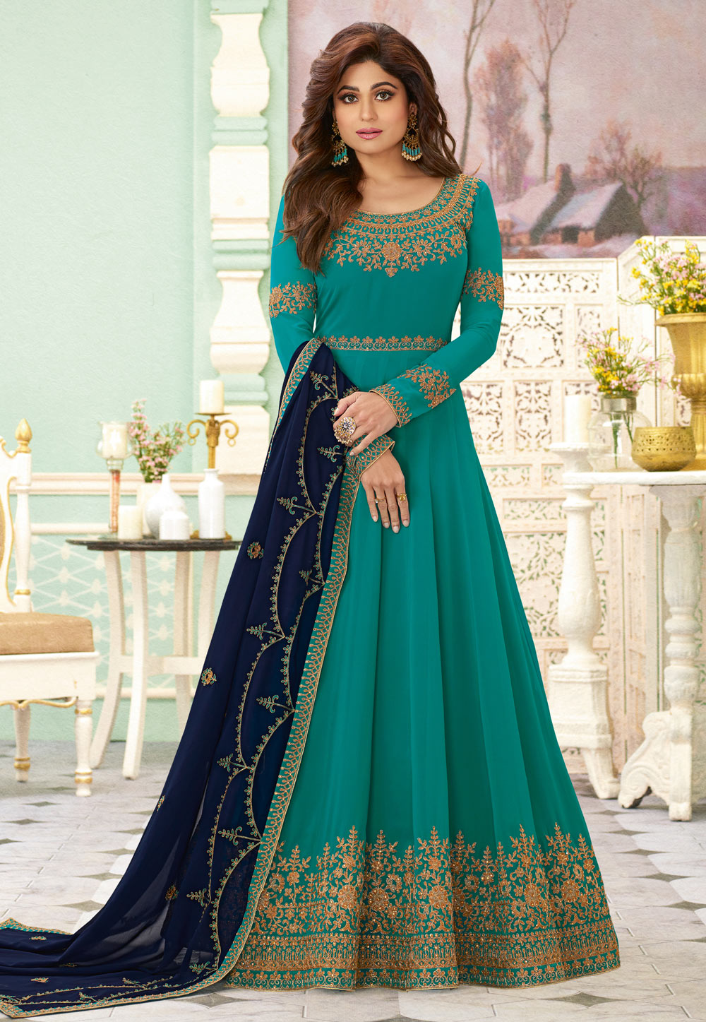 Shamita Shetty Turquoise Georgette Embroidered Bollywood Anarkali Suit 208630