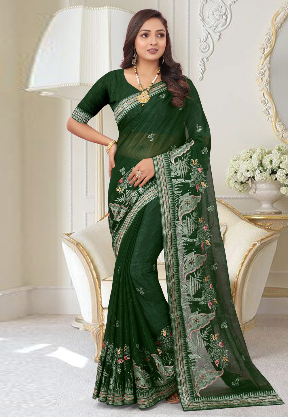 Green Shimmer Saree With Blouse 267668