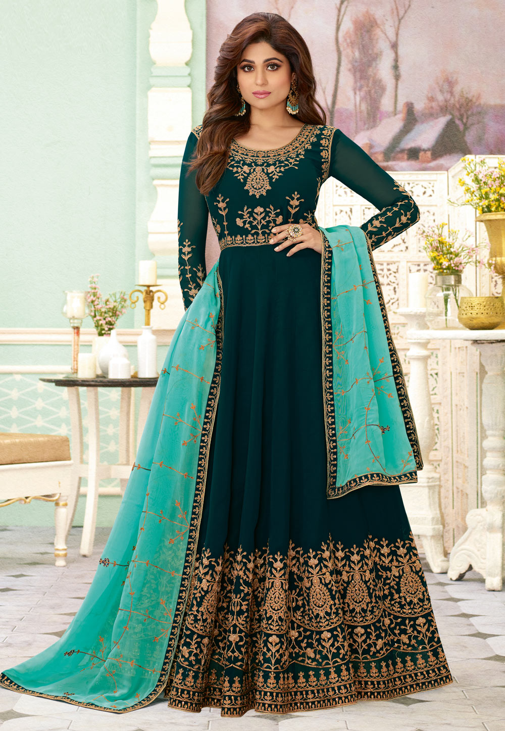 Shamita Shetty Teal Blue Georgette Embroidered Floor Length Anarkali Suit 208631