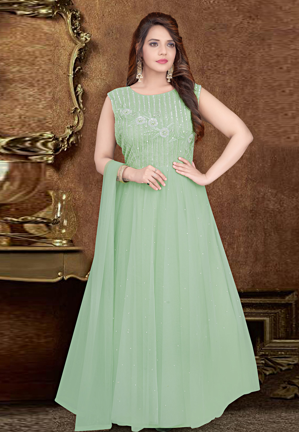 Light Green Net Readymade Abaya Style Anarkali Suit 207698