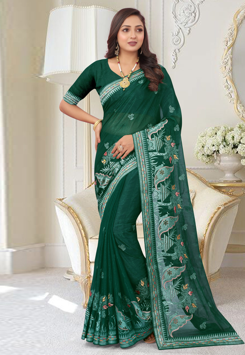Green Shimmer Saree With Blouse 267669