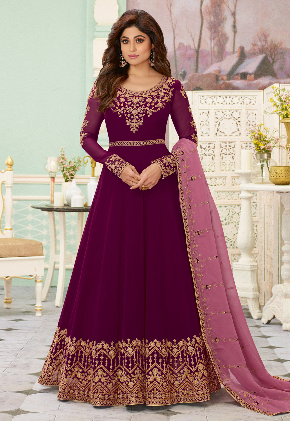 Shamita Shetty Magenta Georgette Embroidered Abaya Style Anarkali Suit 208632