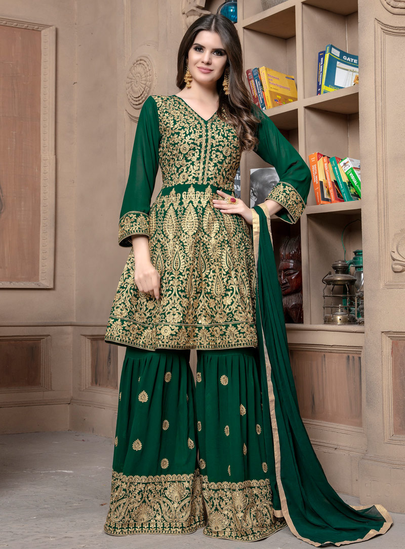 Green Faux Georgette Sharara Suit 148714