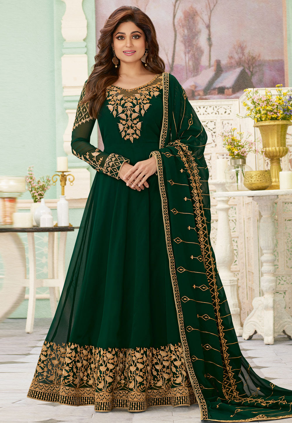 Shamita Shetty Green Georgette Embroidered Floor Length Anarkali Suit 208633