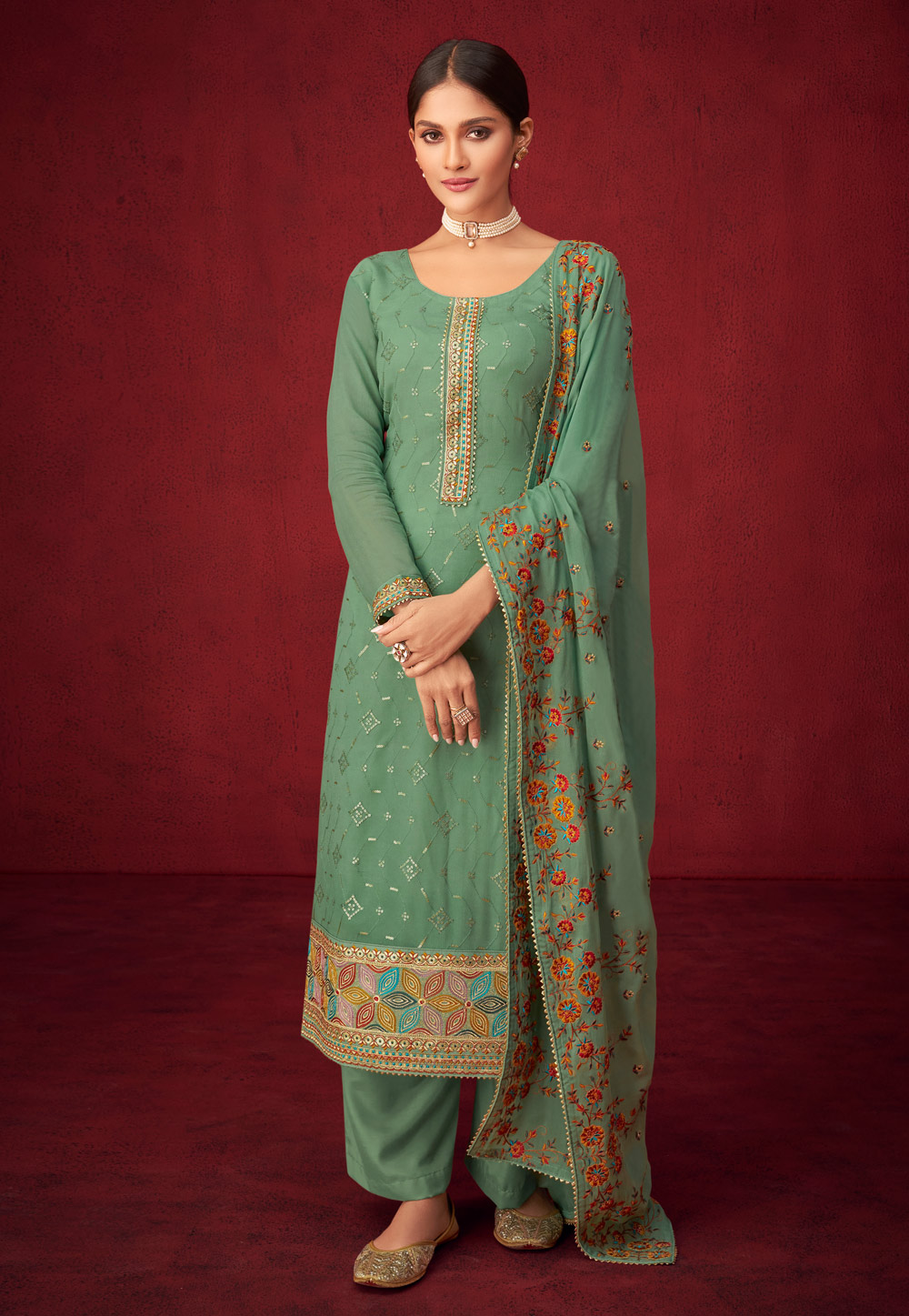 Light Green Georgette Palazzo Suit 240946