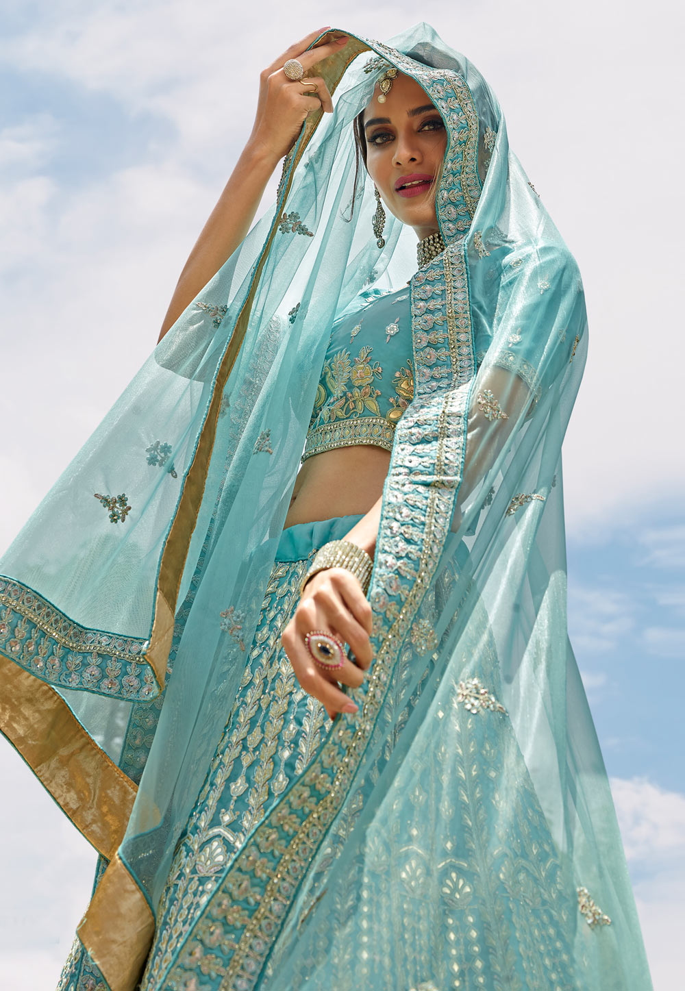 Buy Silk Gota Work Lehenga Choli in Green and Sea Green Online