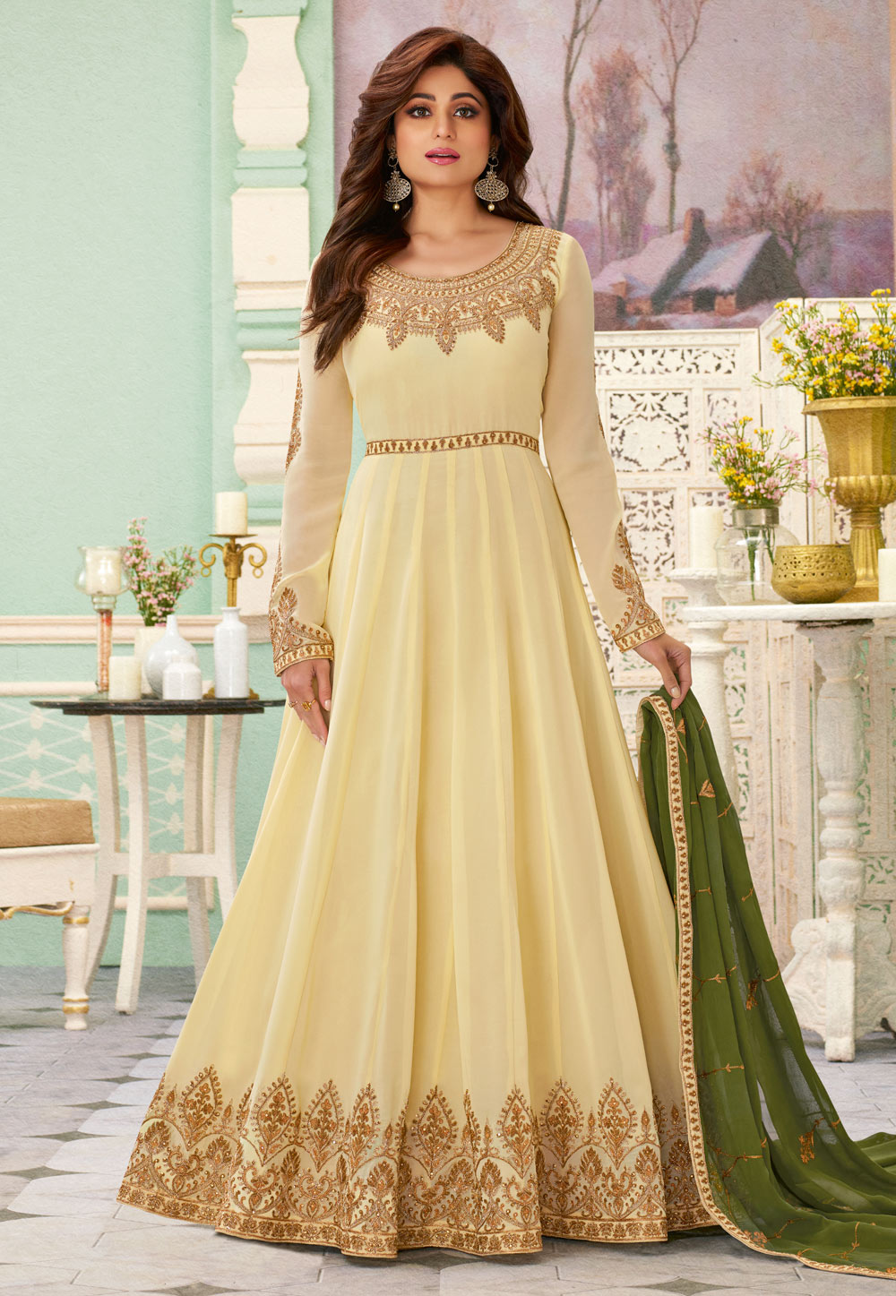 Shamita Shetty Beige Georgette Embroidered Abaya Style Anarkali Suit 208634