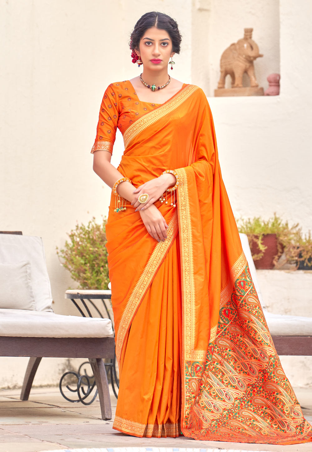 Orange Banarasi Silk Festival Wear Saree 236579