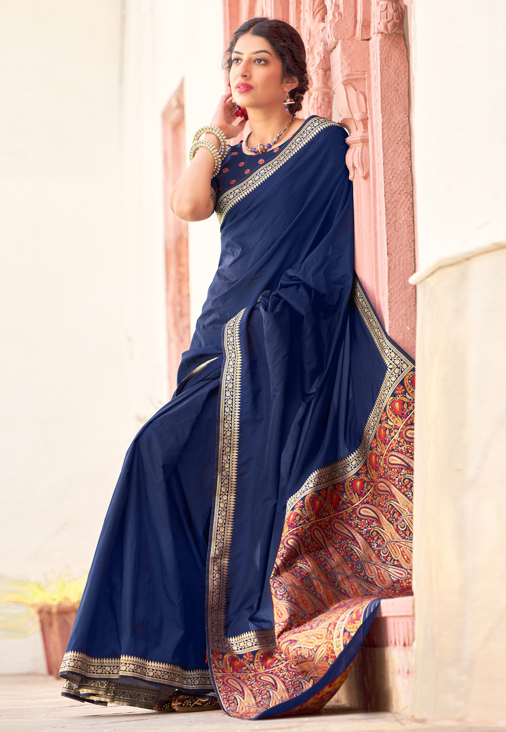 Navy Blue Banarasi Silk Festival Wear Saree 236580