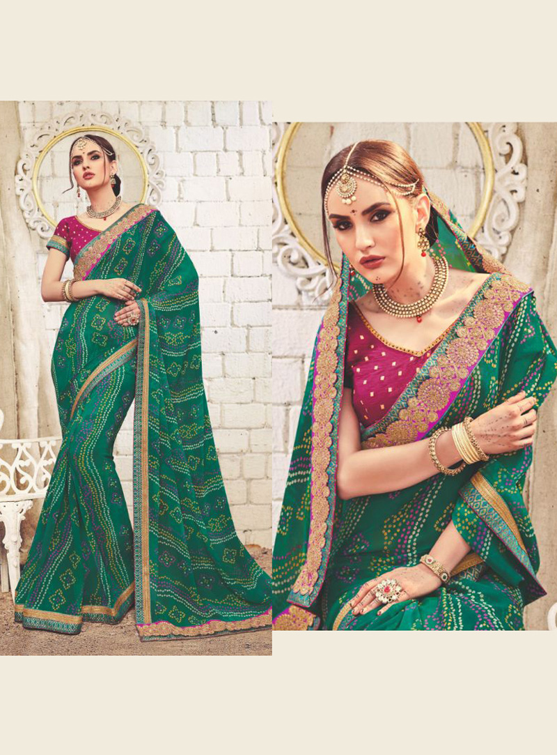 Green Georgette Bandhej Saree 128316