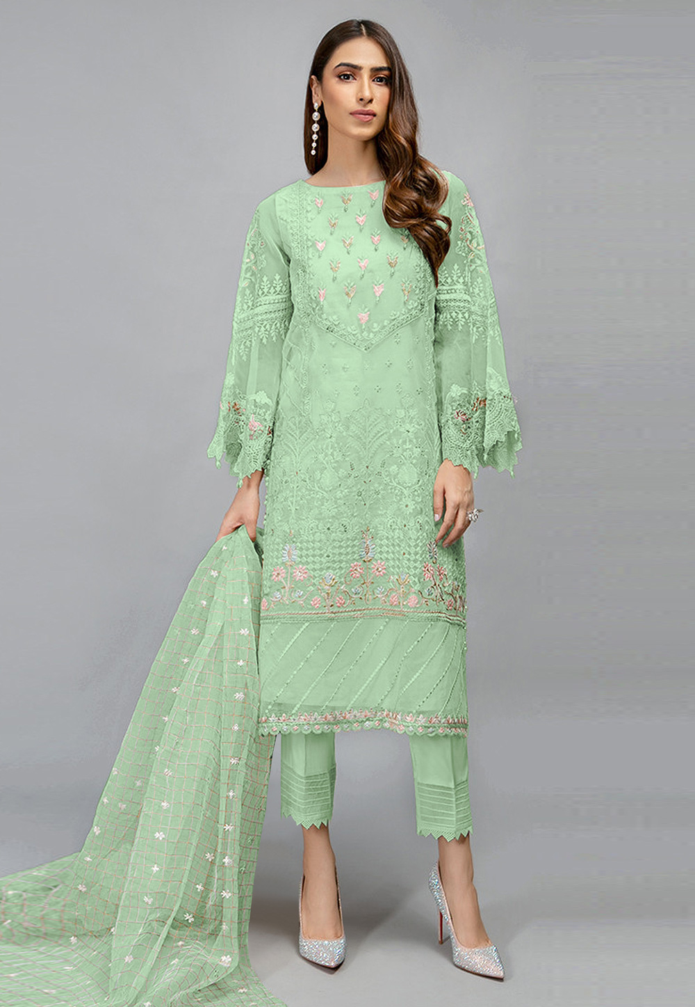 Pista Green Organza Pant Style Suit 252366