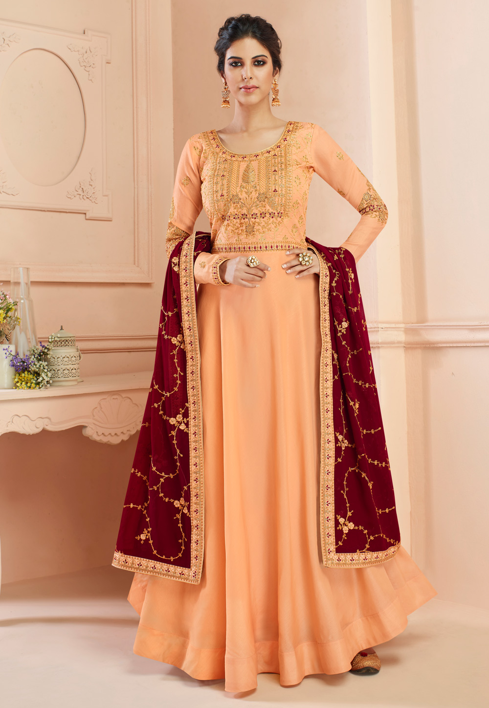 Peach Tussar Silk Embroidered Long Anarkali Suit 193955