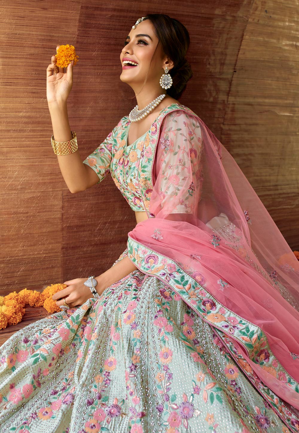 Buy Rose Pink and Light Sea Green Embroidered Lehenga Online in India  @Mohey - Mohey for Women