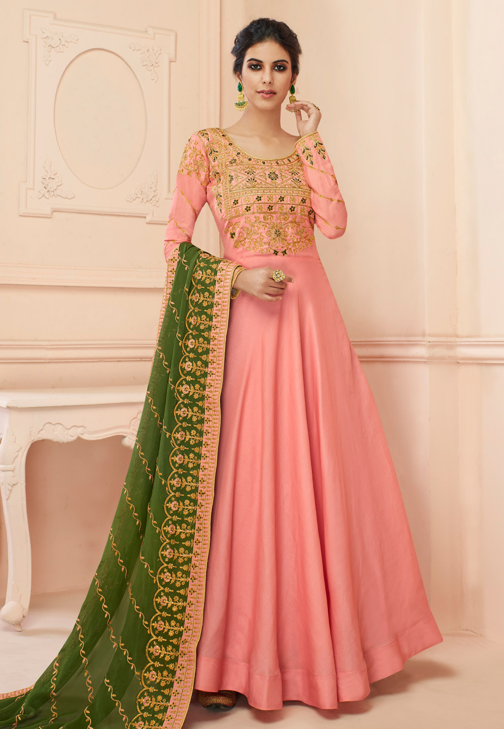 Pink Tussar Silk Embroidered Long Anarkali Suit 193957
