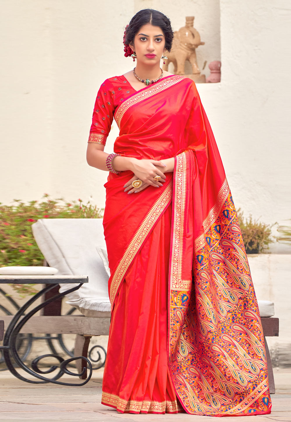 Red Banarasi Silk Saree With Blouse 236587