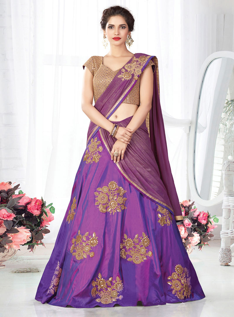 Purple Silk Embroidered A Line Lehenga Choli 86611