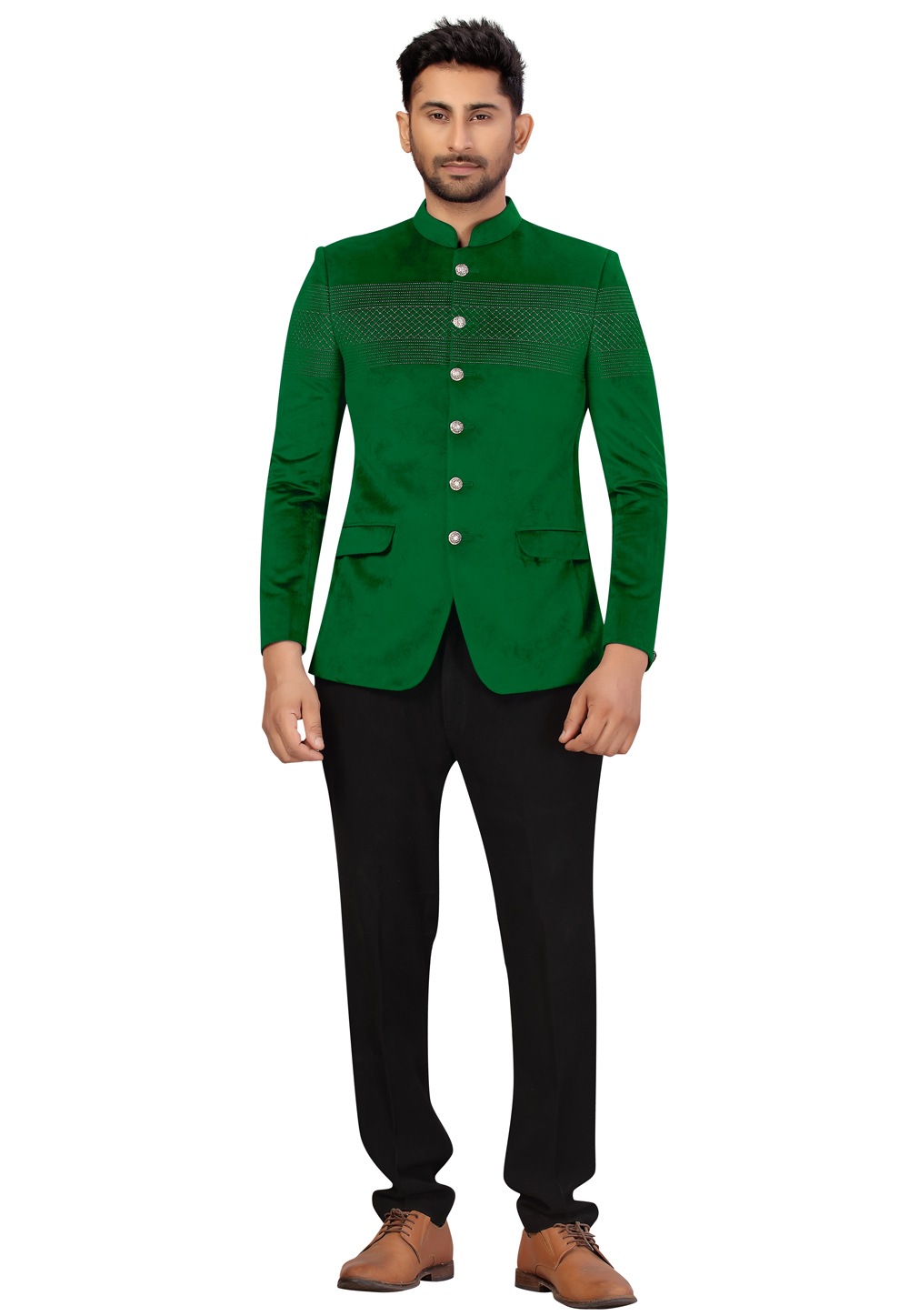 Green Velvet Jodhpuri Suit 231100