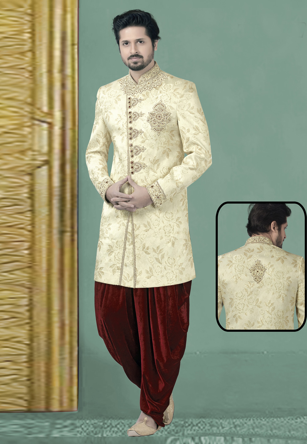 Off White Brocade Readymade Dhoti Sherwani 180450