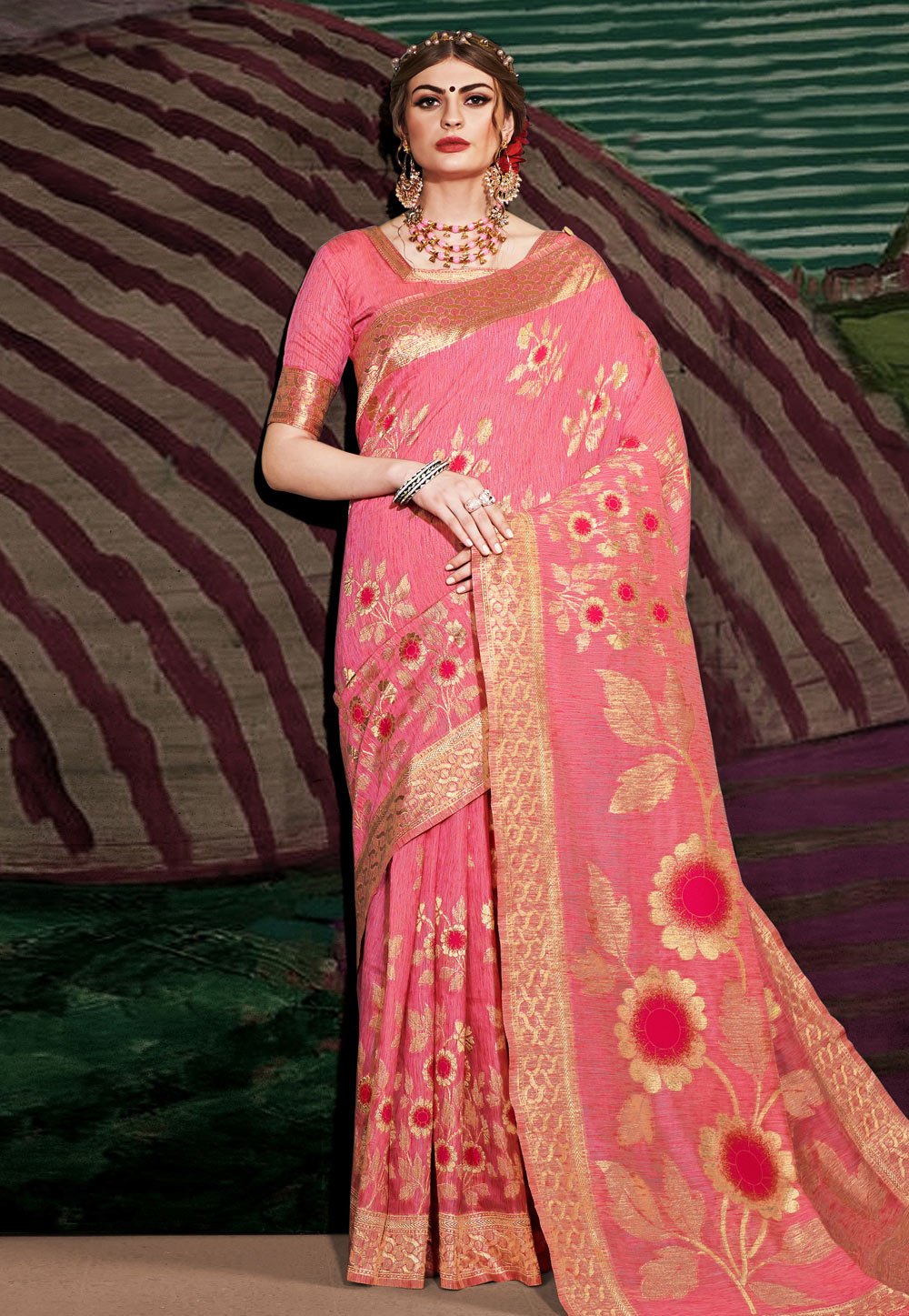 Pink Linen Saree With Blouse 180512