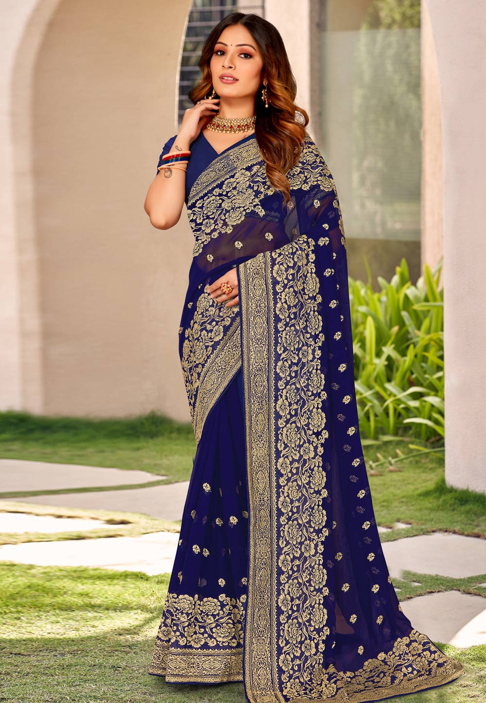 Navy Blue Georgette Saree With Blouse 267998