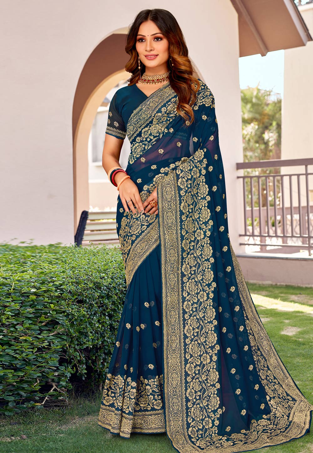 Teal Georgette Saree With Blouse 268000