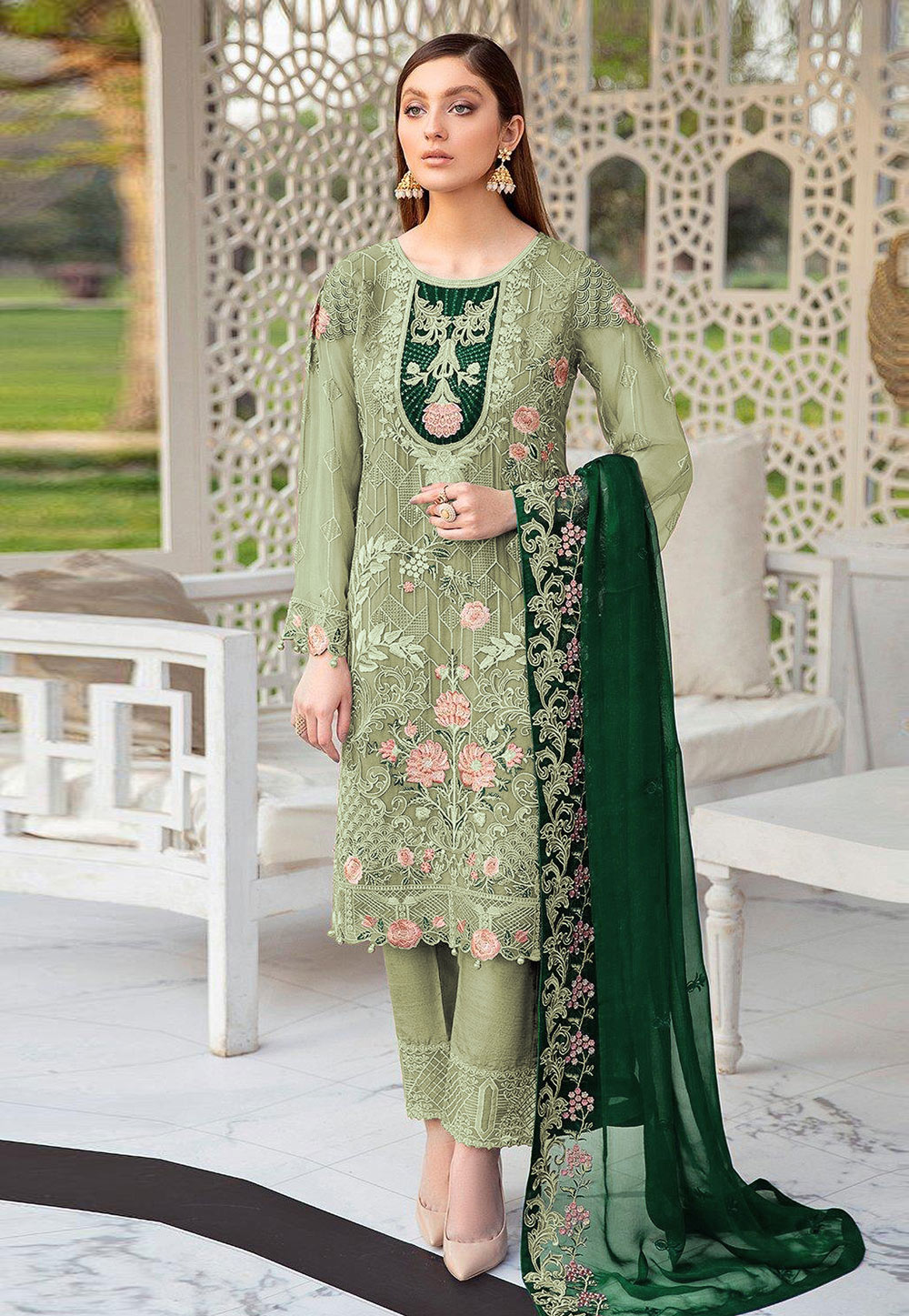 Light Green Georgette Pant Style Suit 252378
