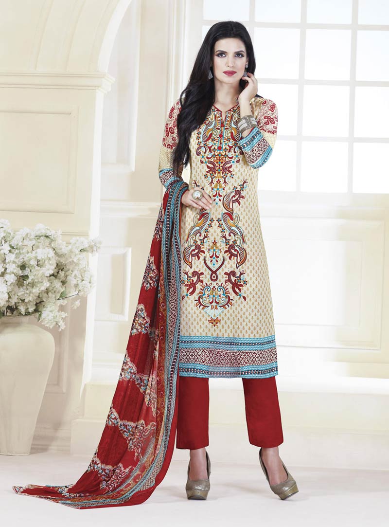 Cream Cambric Cotton Pakistani Style Suit 73215