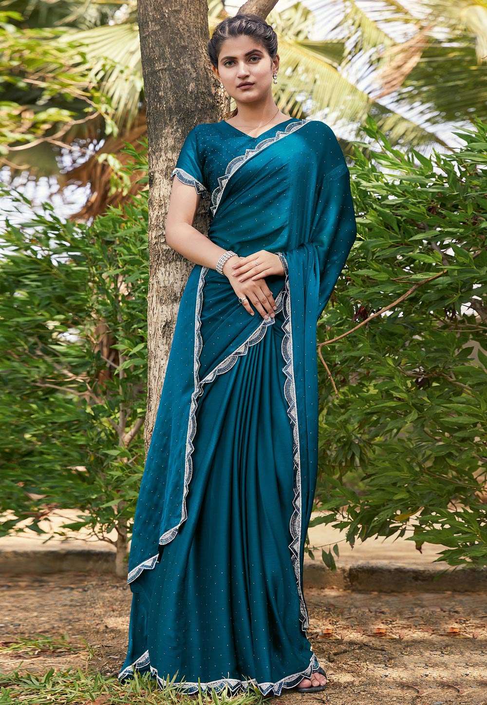 Teal Satin Silk Saree With Blouse 268005