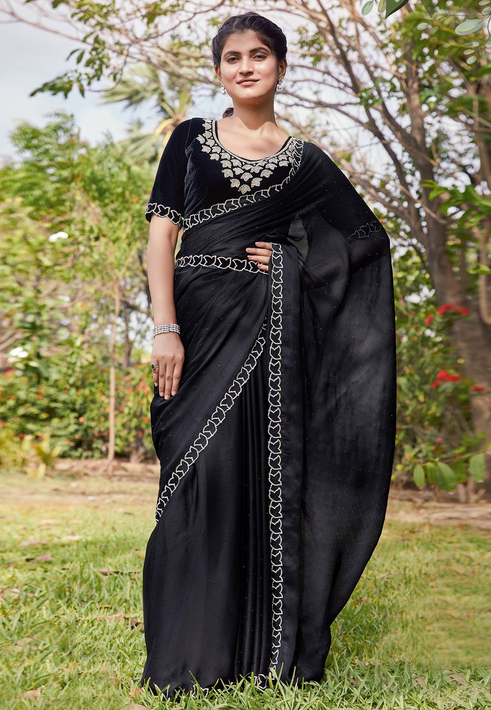 Black Satin Silk Saree With Blouse 268009