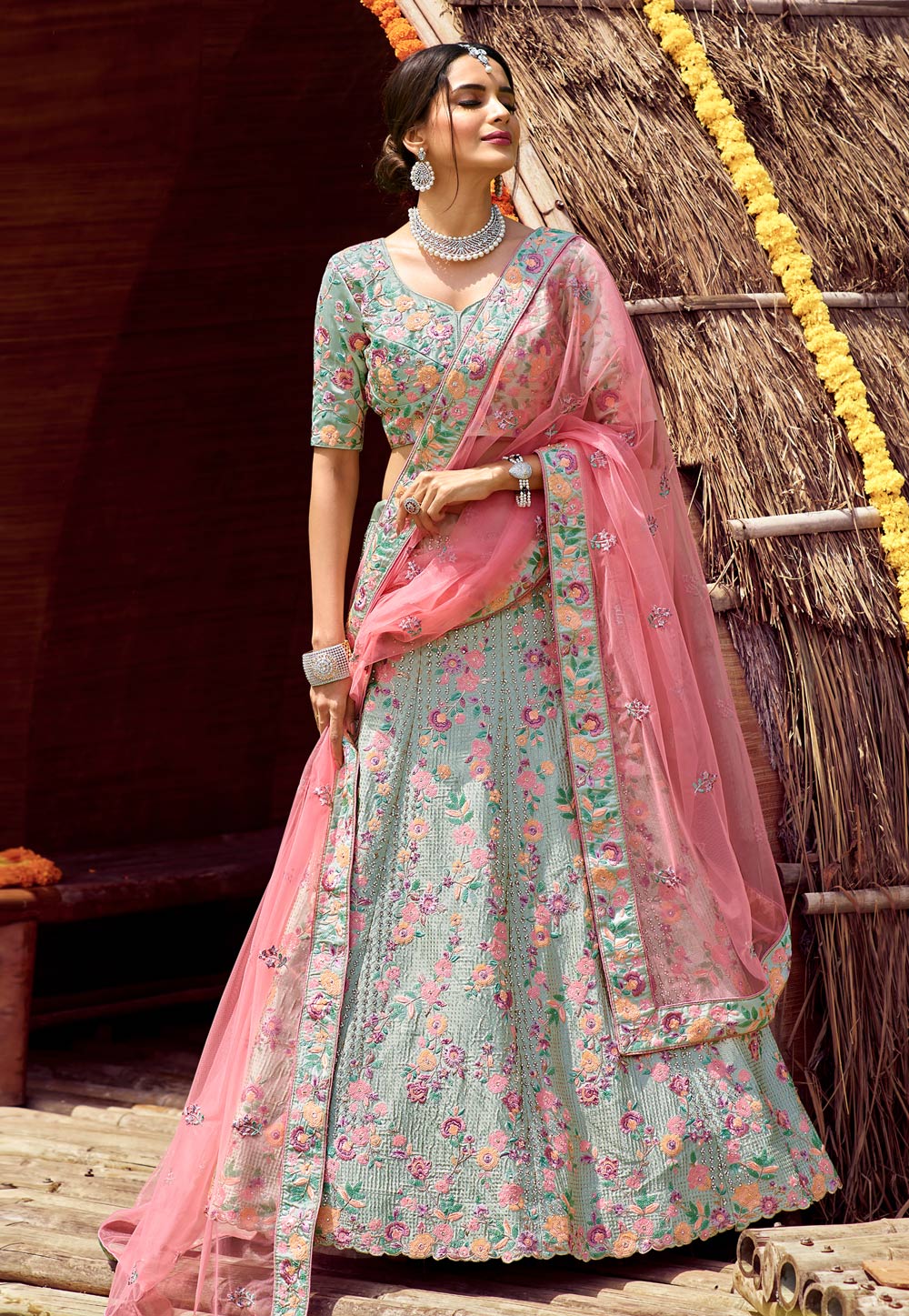 Buy Pink Ethnic Sea Green Floral Semi-Stitched Lehenga & Unstitched Blouse  with Dupatta (Set of 3) online