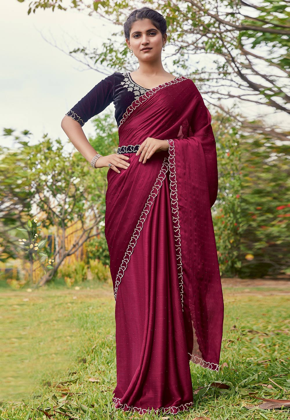 Magenta Satin Silk Saree With Blouse 268010