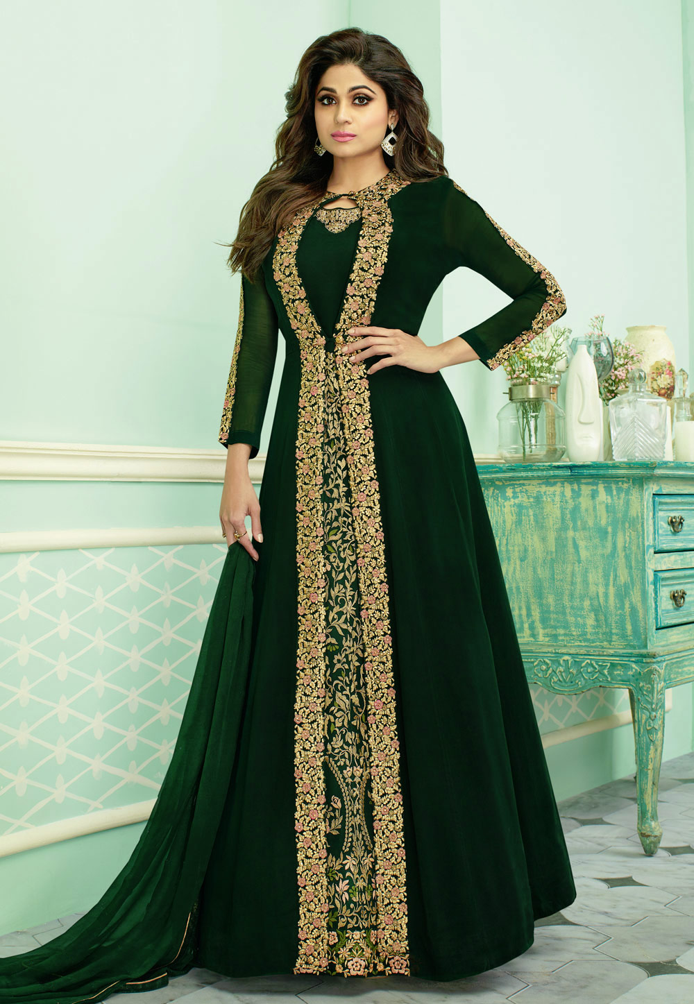 Shamita Shetty Green Georgette Embroidered Long Anarkali Suit 197017