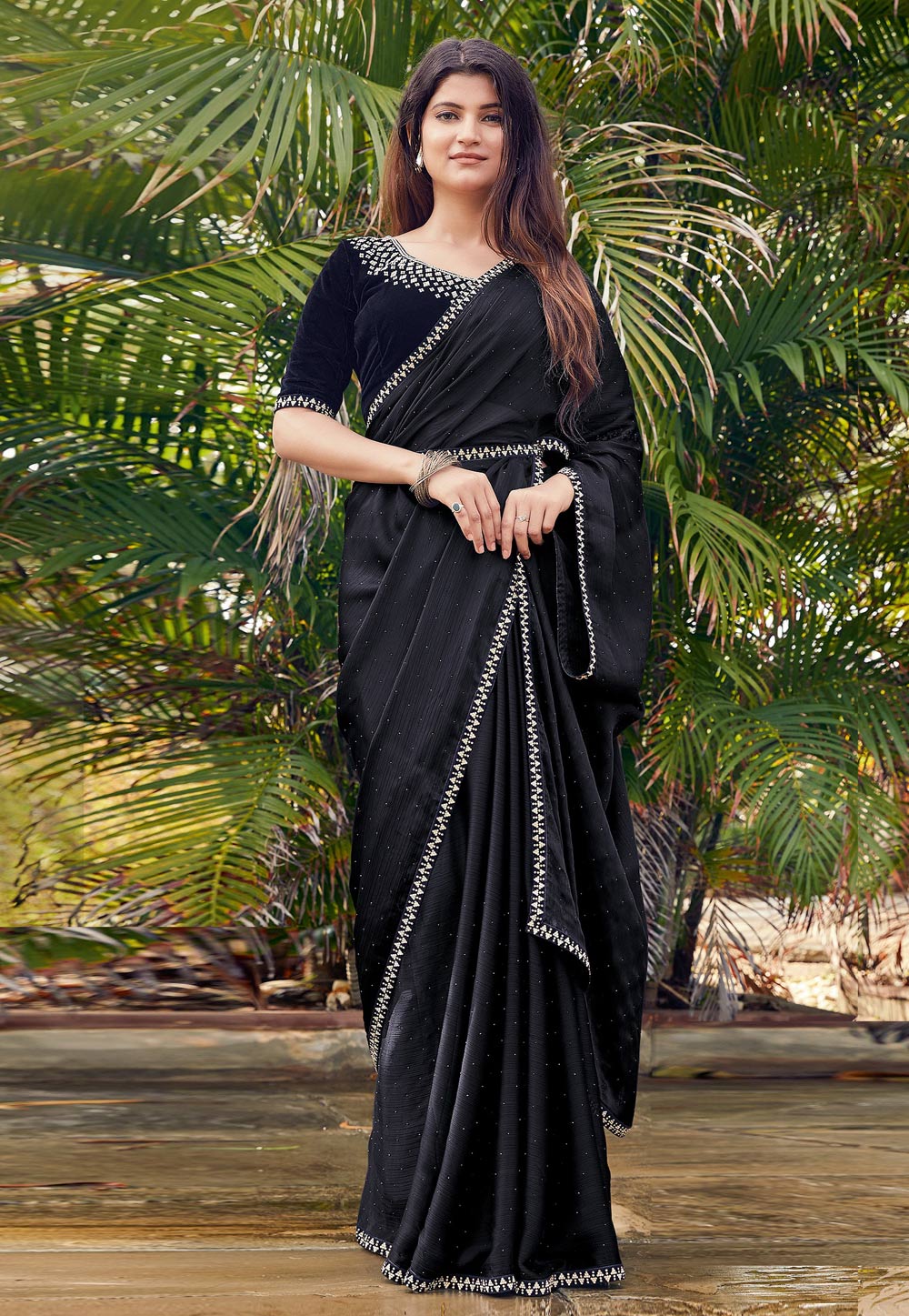 Black Satin Silk Saree With Blouse 268015