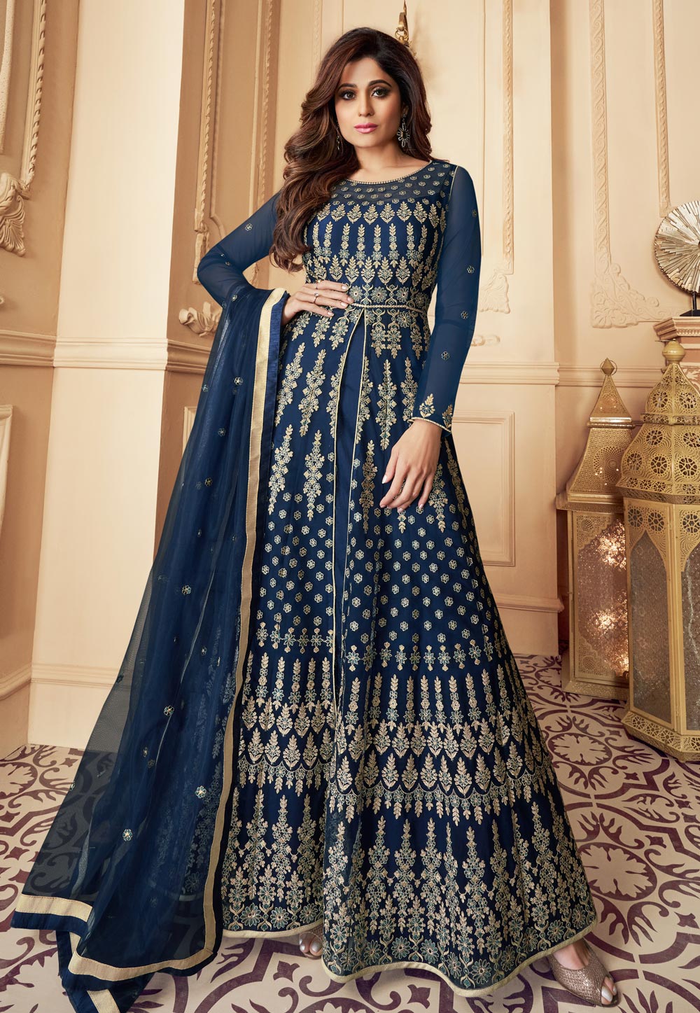 Shamita Shetty Navy Blue Net Bollywood Anarkali Suit 205532
