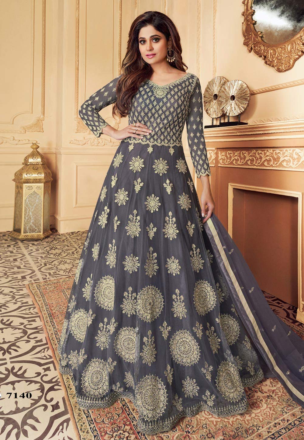Shamita Shetty Grey Net Abaya Style Anarkali Suit 205534