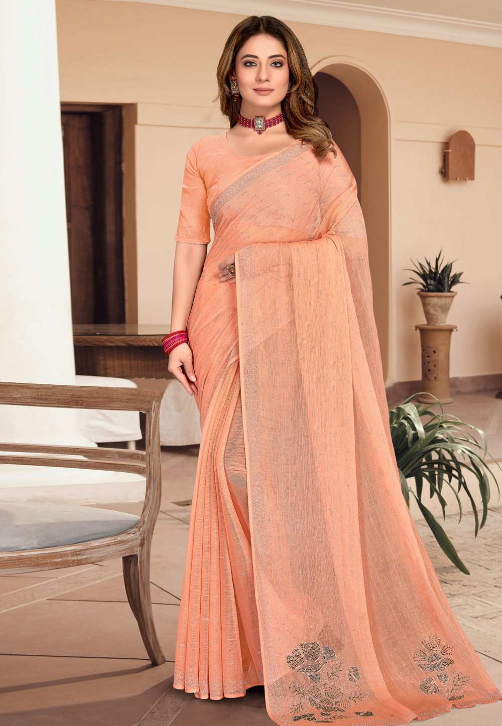 Peach Shimmer Saree With Blouse 268219