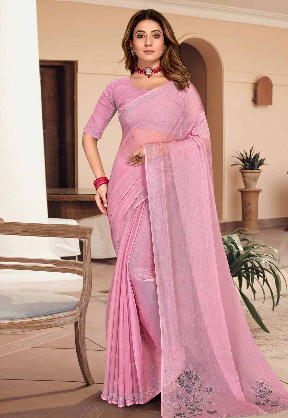 Pink Shimmer Saree With Blouse 268220