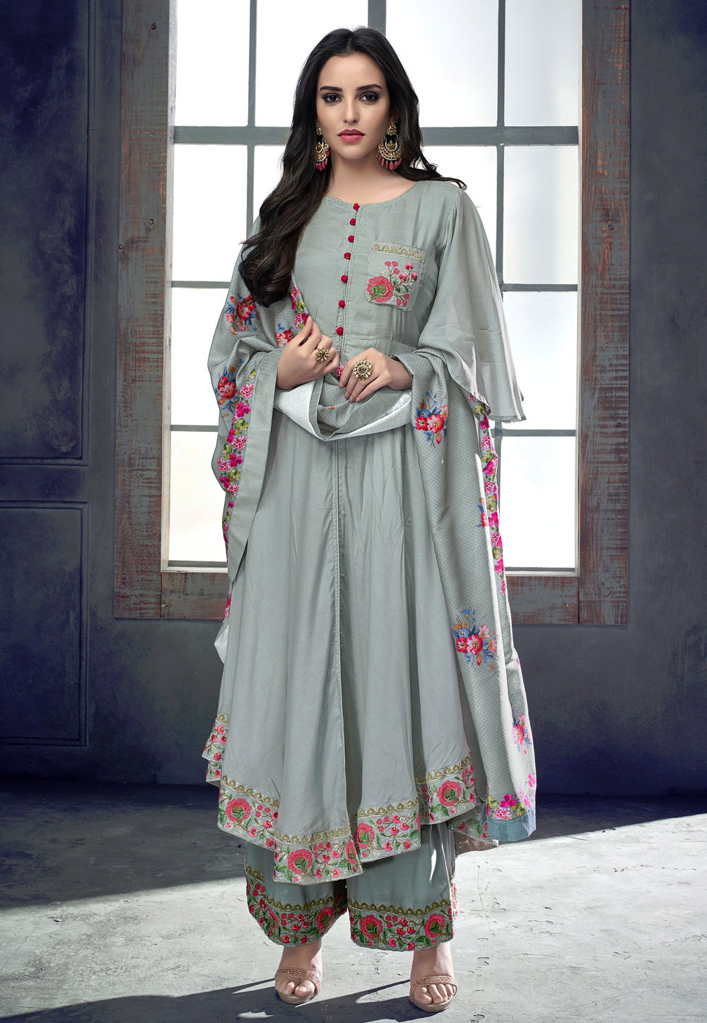 Grey Cotton Readymade Pakistani Style Suit 157591