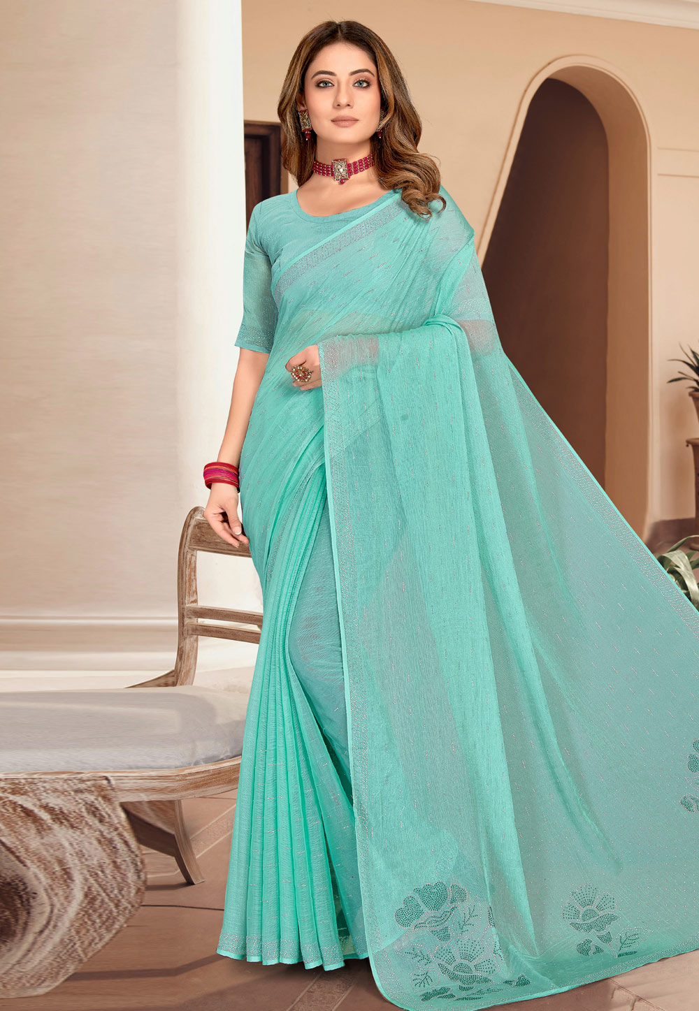 Sky Blue Shimmer Saree With Blouse 268222